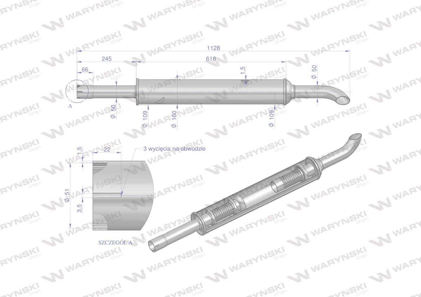 Tłumik 1128mm 3029104m1 4.8kg mf3 c-3603p inox waryński - zdjęcie 3