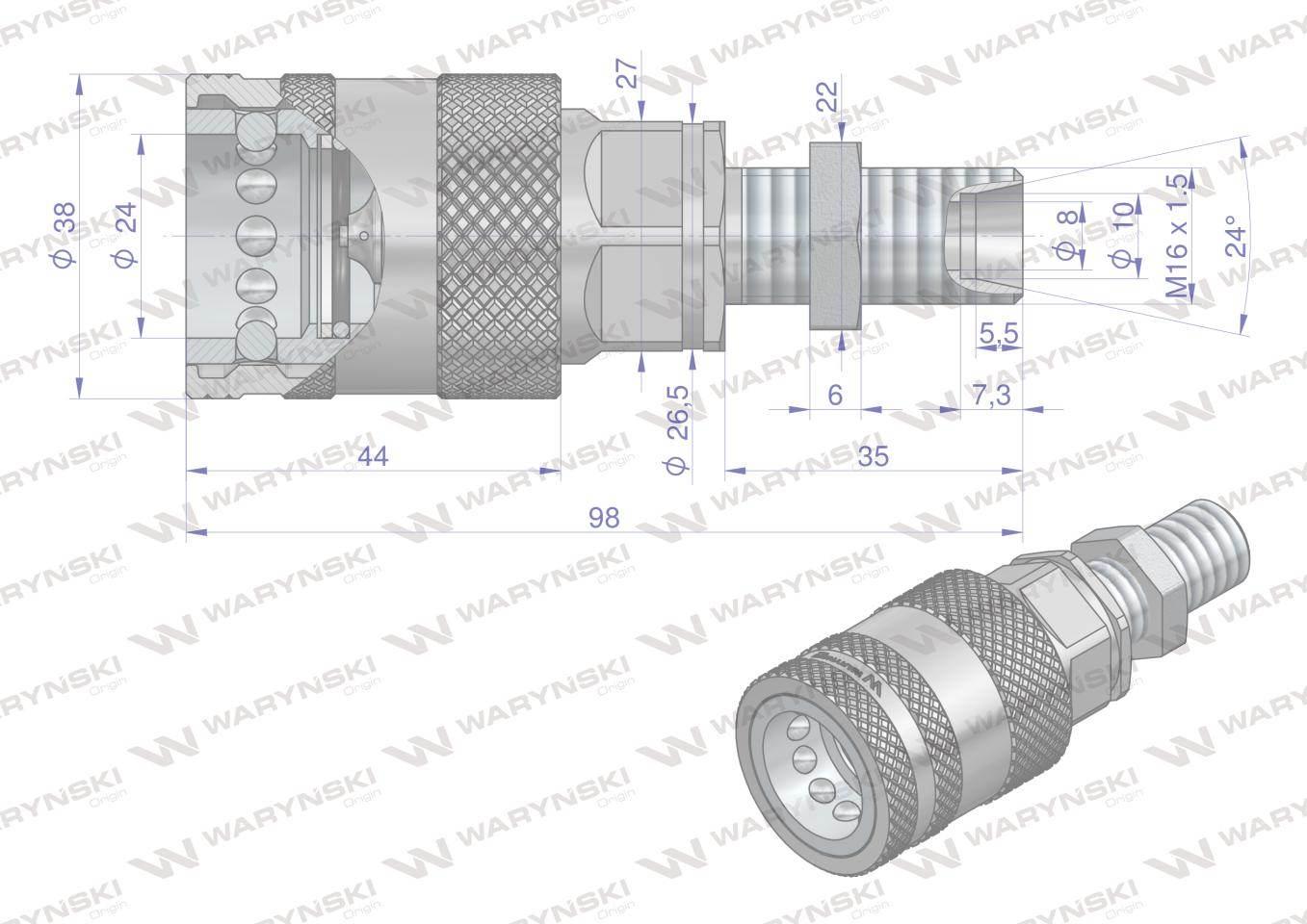 Szybkozłącze hydrauliczne gniazdo long m16x1.5 gwint zewnętrzny euro push-pull iso 7241-a z eliminatorem ciśnienia waryński - zdjęcie 4