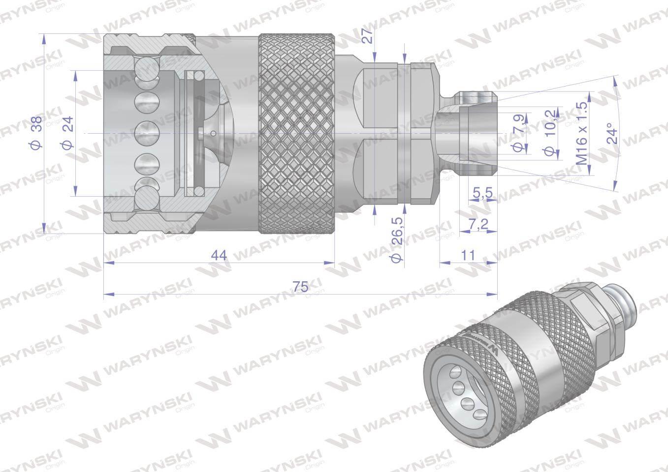 Szybkozłącze hydrauliczne gniazdo m16x1.5 gwint zewnętrzny euro push-pull iso 7241-a z eliminatorem ciśnienia waryński - zdjęcie 4