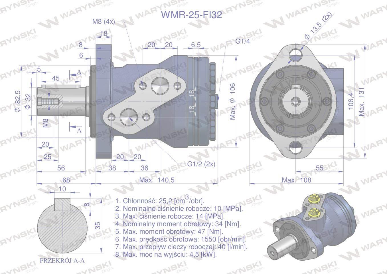 Silnik hydrauliczny orbitalny wmr 25 cm3/obr z wałkiem fi 32mm 100 bar max.200 bar waryński - zdjęcie 4