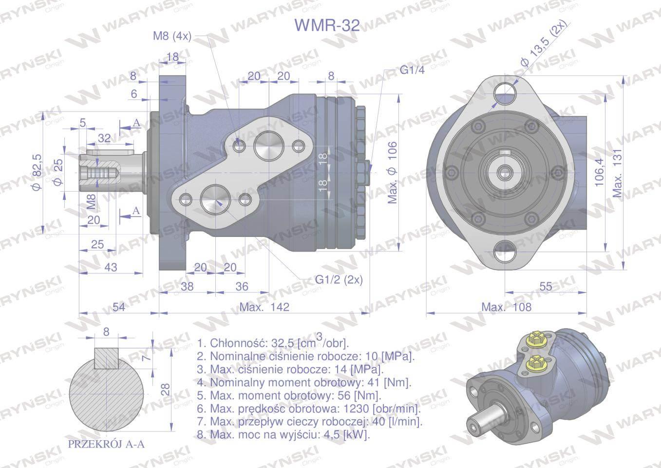 Silnik hydrauliczny orbitalny wmr 32 cm3/obr 100 bar max.200 bar waryński - zdjęcie 5