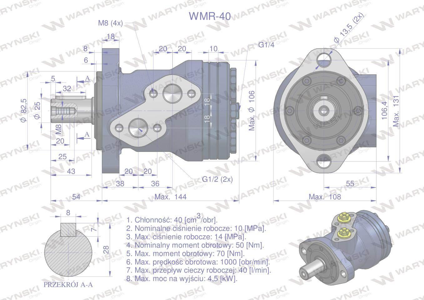 Silnik hydrauliczny orbitalny wmr 40 cm3/obr 100 bar max.200 bar waryński - zdjęcie 4