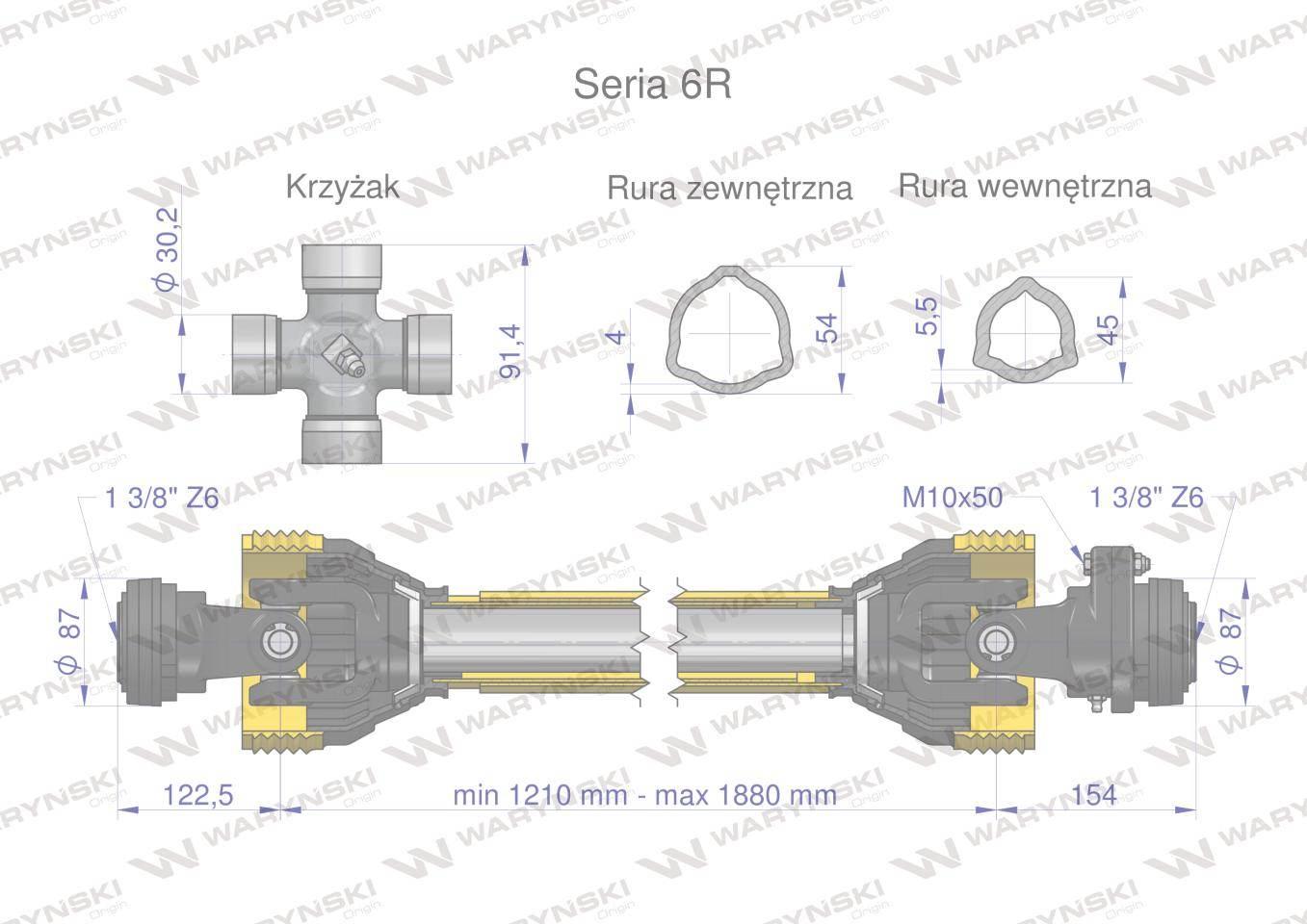 Wał przegubowo-teleskopowy 1210-1880mm 830nm sprzęgło z kołkiem 2500nm ce 2020 seria 6r waryński - zdjęcie 3