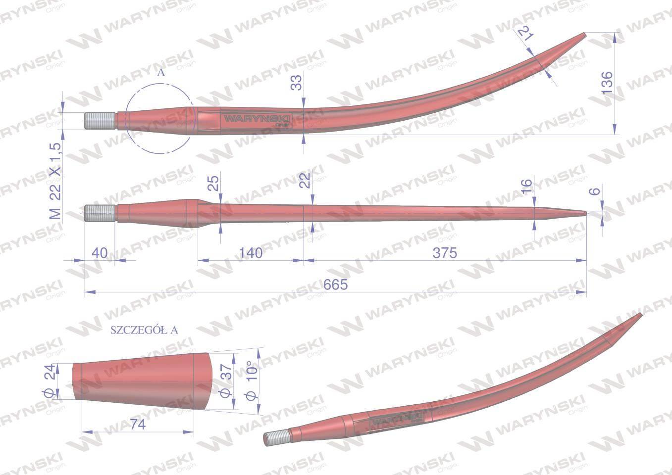Ząb ładowacza czerwony wygięty zamykający l 680mm chwytak krokodyl zas 5193-ft89k tur waryński w9132-680k - zdjęcie 2