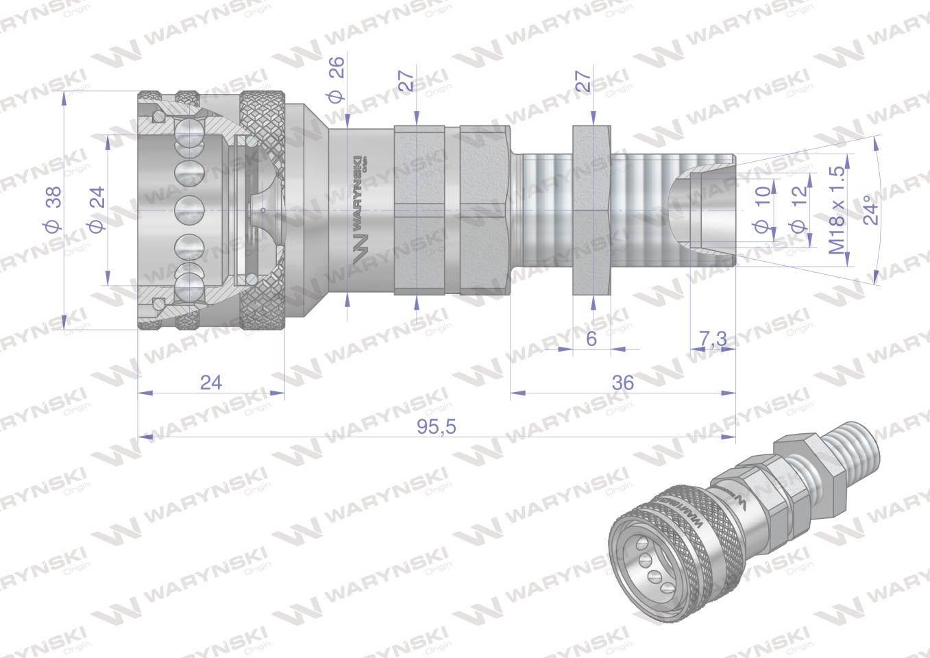 Szybkozłącze hydrauliczne gniazdo z eliminatorem ciśnienia long m18x1.5 gwint zewnętrzny euro 9100818gl iso 7241-a waryński - zdjęcie 3