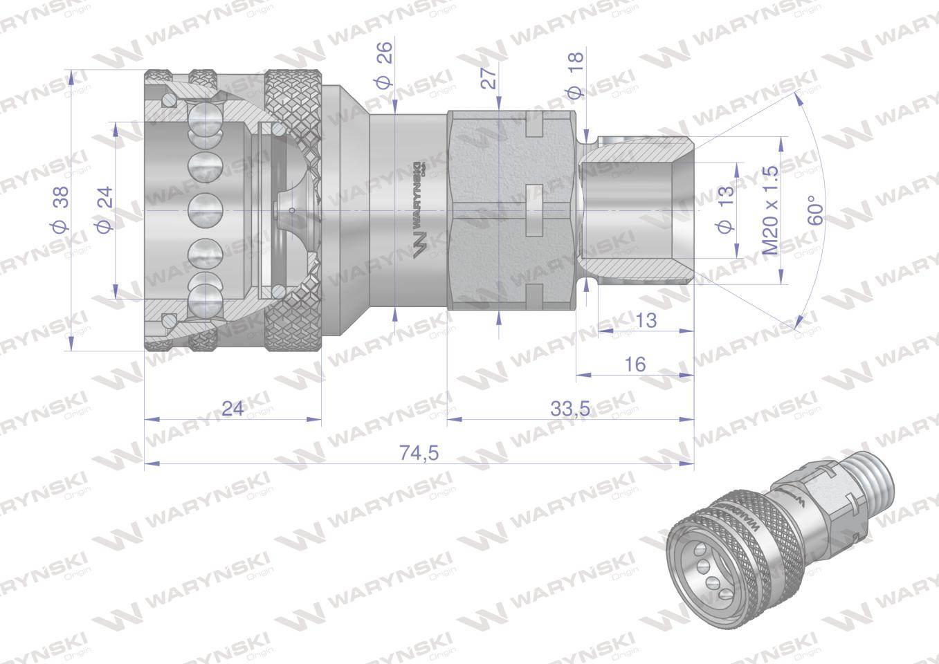 Szybkozłącze hydrauliczne gniazdo z eliminatorem ciśnienia m20x1.5 gwint zewnętrzny euro iso 7241-a waryński - zdjęcie 3