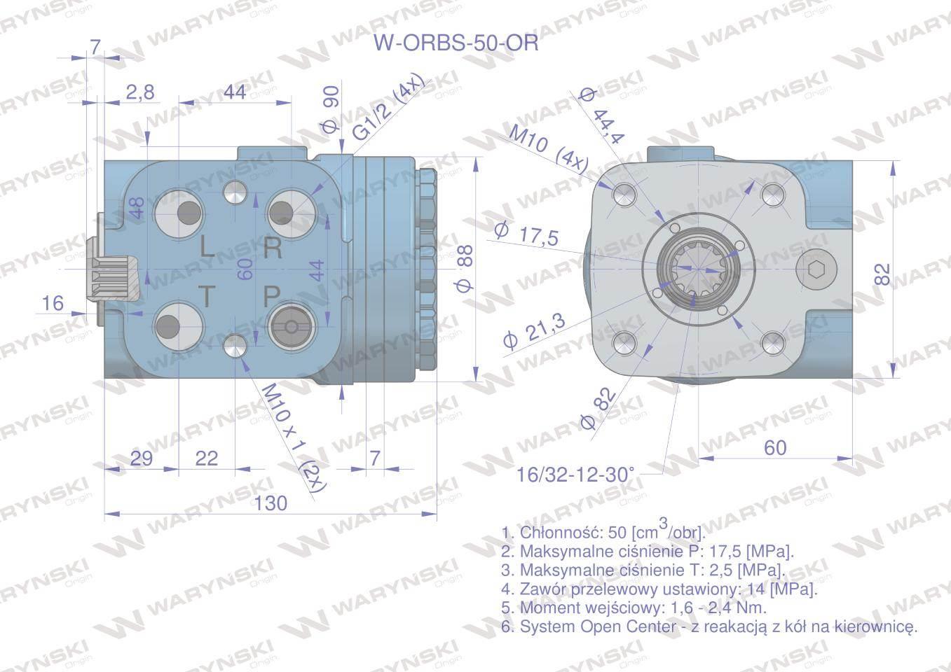 Orbitrol hydrauliczny w-orbs-or 50 cm3/obr z zaworami system open center z reakcją z kół na kierownicę waryński - zdjęcie 5