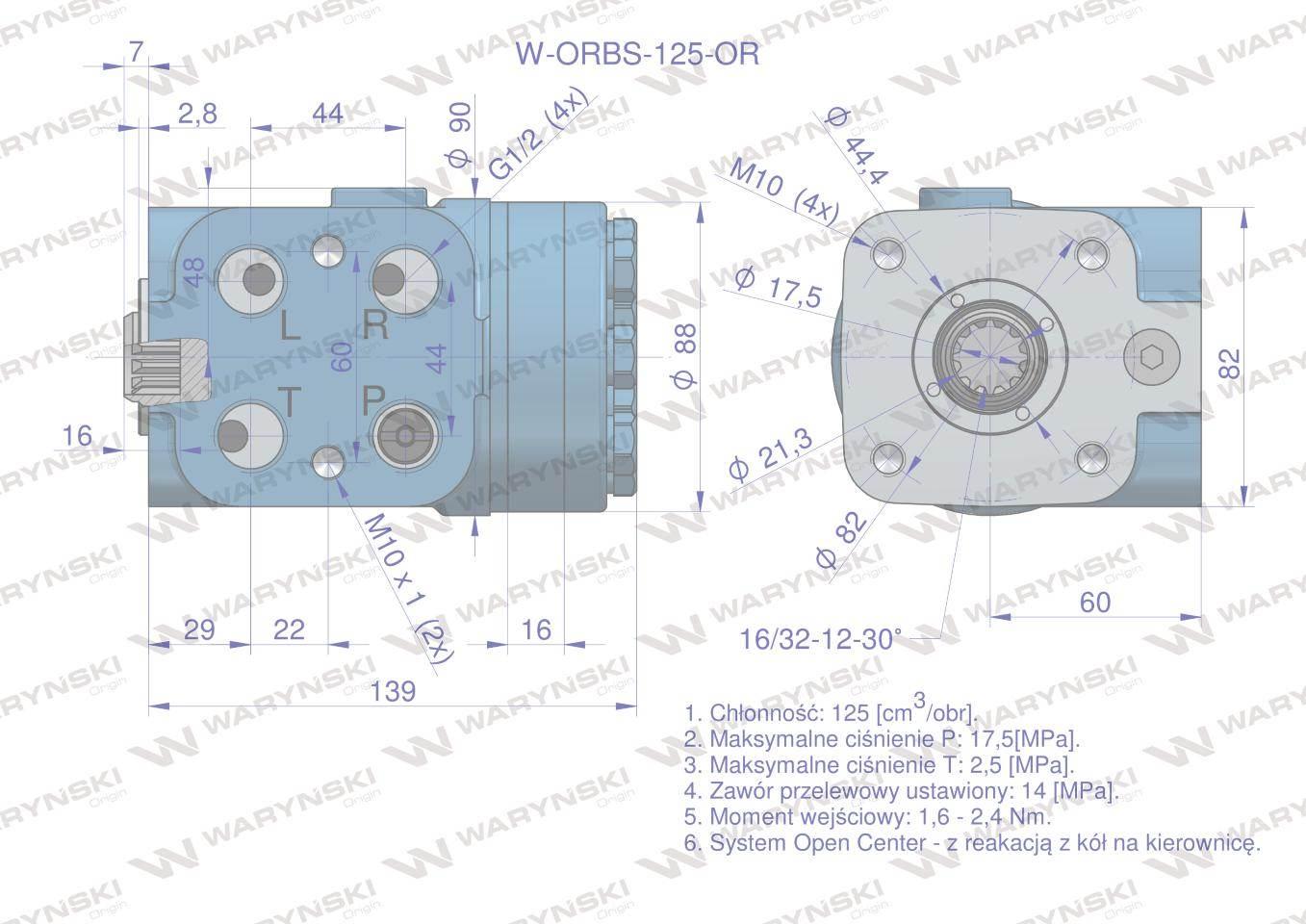 Orbitrol hydrauliczny w-orbs-or 125 cm3/obr z zaworami system open center z reakcją z kół na kierownicę waryński - zdjęcie 5