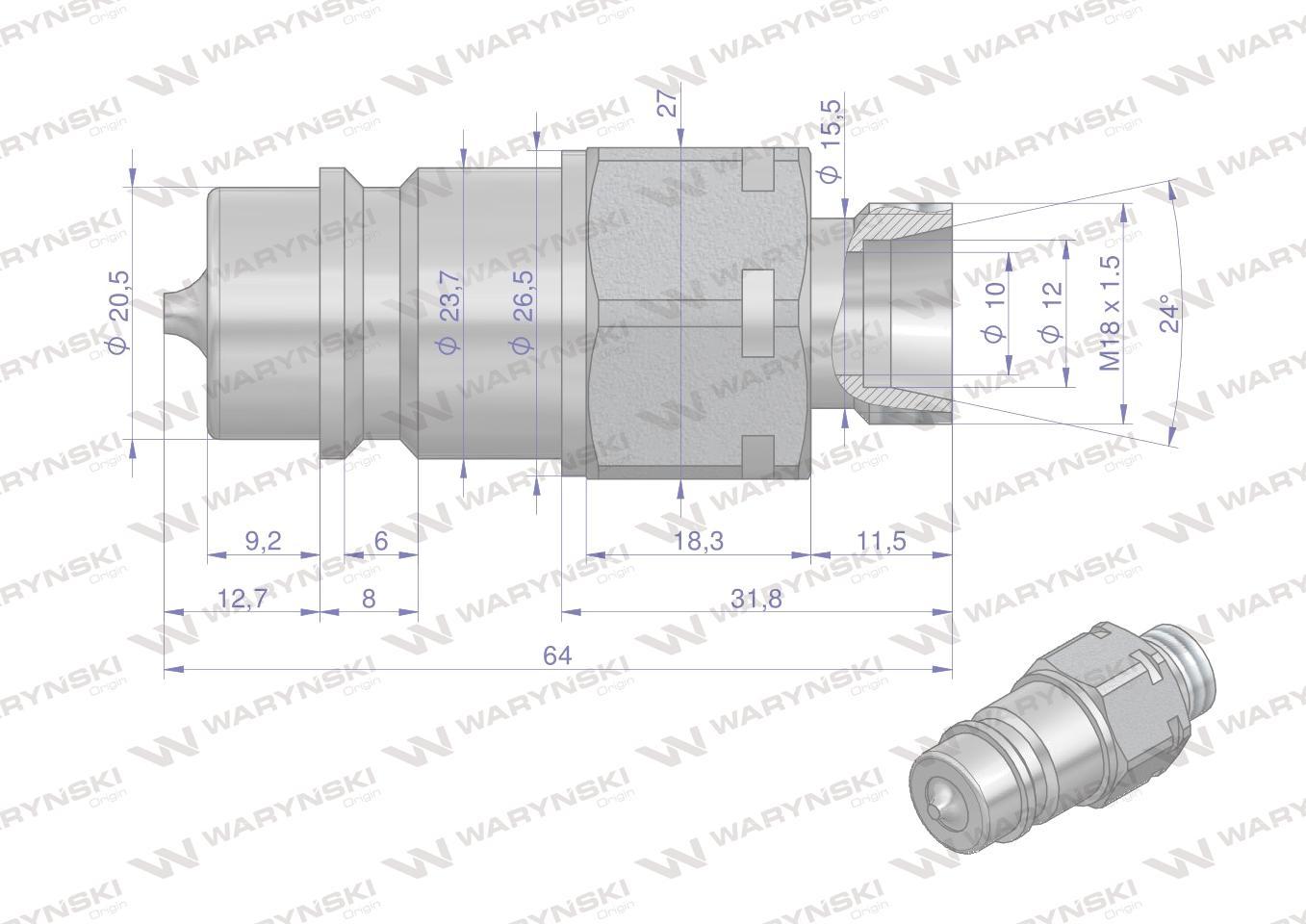 Szybkozłącze hydrauliczne wtyczka m18x1.5 gwint zewnętrzny euro 9100818w iso 7241-a waryński - zdjęcie 3