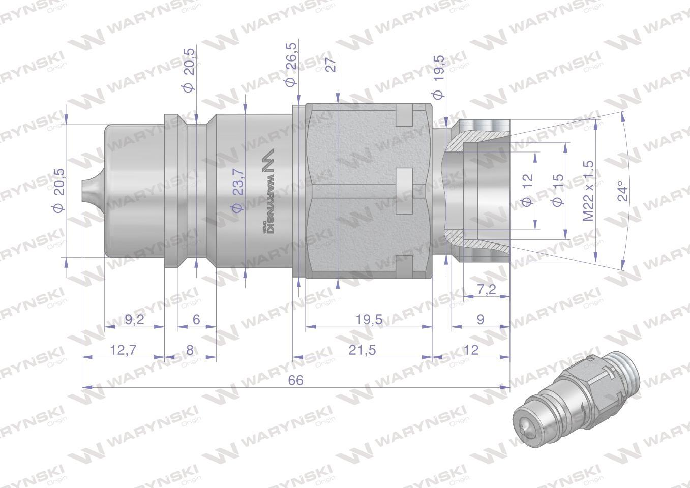 Szybkozłącze hydrauliczne wtyczka m22x1.5 gwint zewnętrzny euro 9100822w iso 7241-a waryński - zdjęcie 3