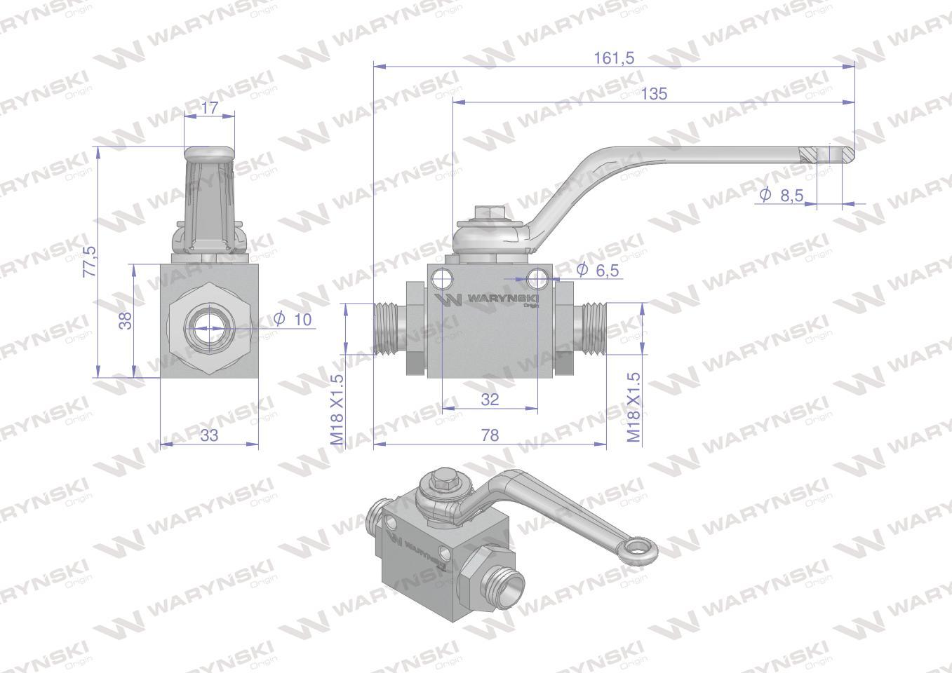Zawór kulowy hydrauliczny 2-drogowy 2/2 m18x1.5 12l z otworami mocującymi 500 bar waryński - zdjęcie 5