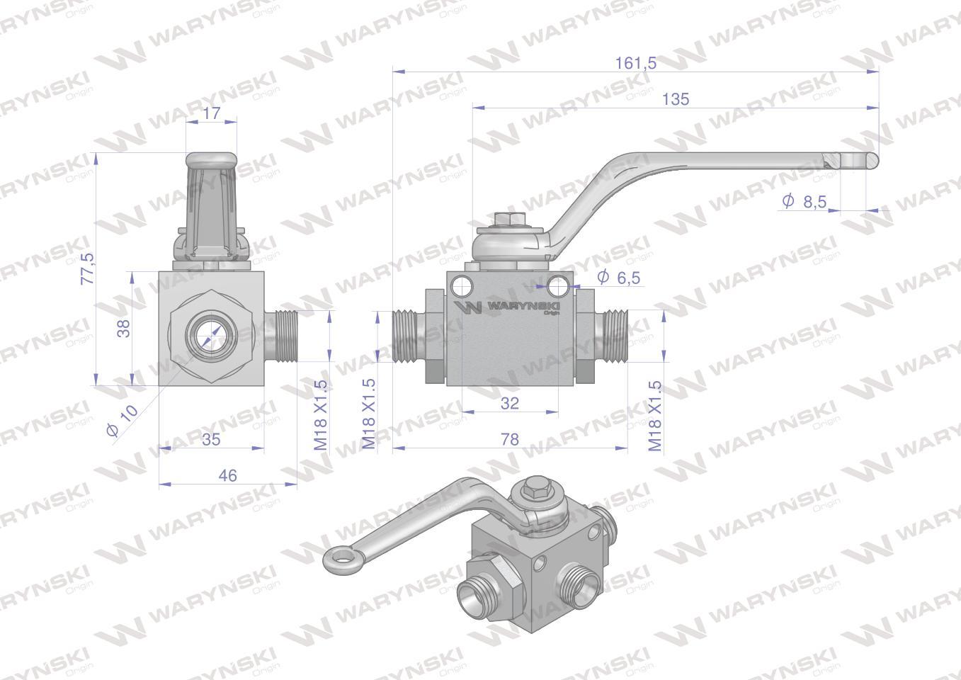 Zawór kulowy hydrauliczny 3-drogowy 3/2 m18x1.5 12l z otworami mocującymi 5 - zdjęcie 6