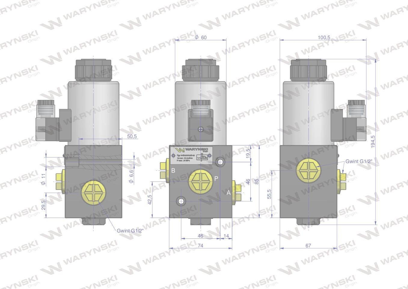 Elektrozawór 3-drogowy elektromagnetyczny kontroli 3/2 w-e12dvs3/2-80l g1/2" 12v 80l waryński - zdjęcie 3