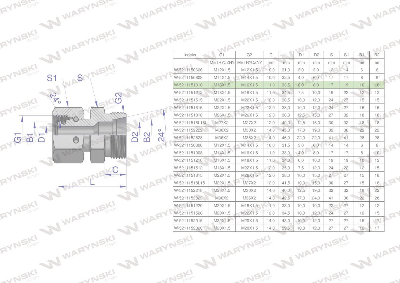 Złączka hydrauliczna metryczna ab xkor a-m16x1.5 10l b-m16x1.5 10l waryński 5szt - zdjęcie 4