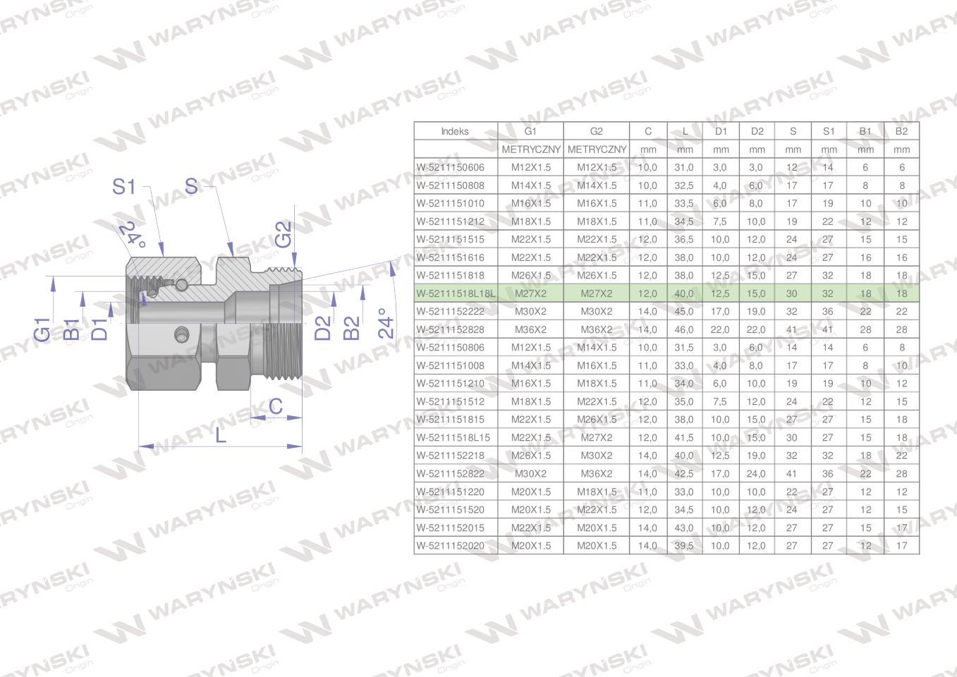 Złączka hydrauliczna metryczna ab xkor a-m27x2 18l b-m27x2 18l waryński 2szt - zdjęcie 4
