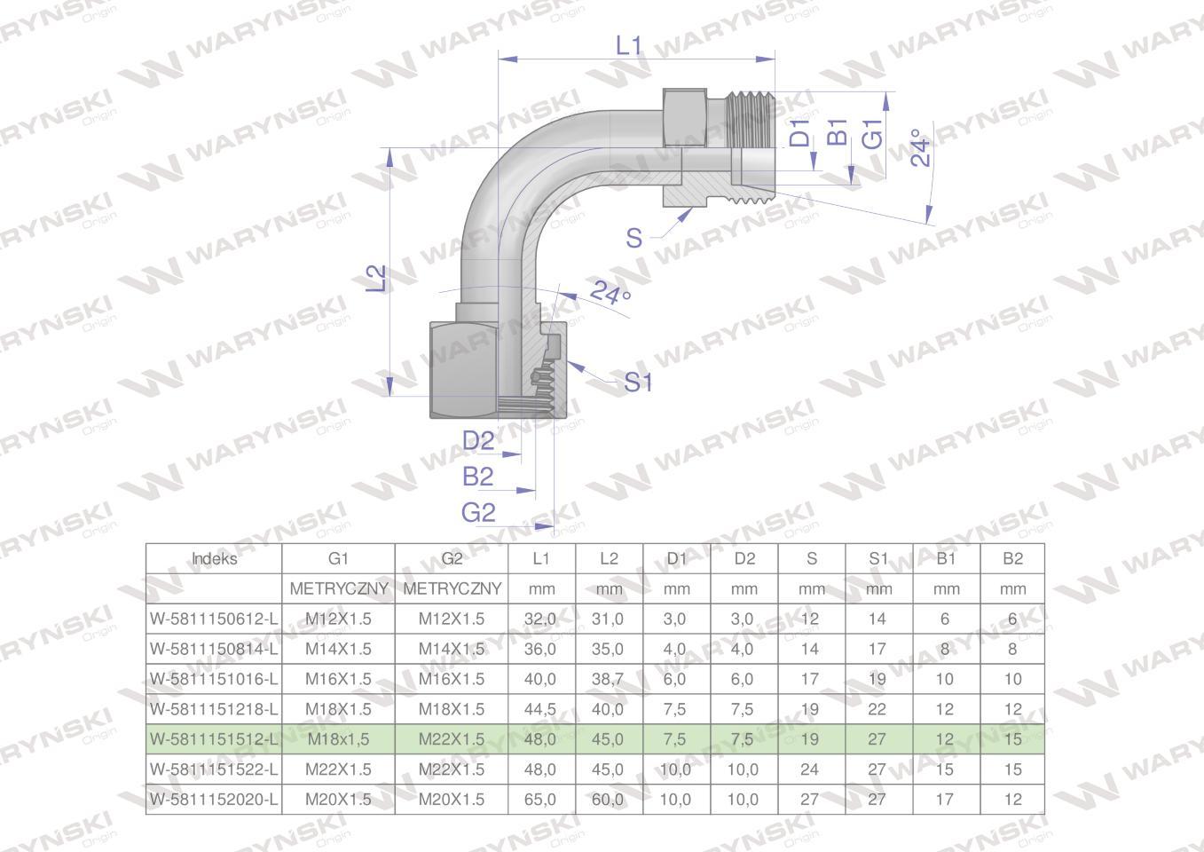 Kolanko hydrauliczne metryczne redukcyjne łukowe ab xevw a-m22x1.5 15l b-m18x1.5 12l waryński 10szt - zdjęcie 4