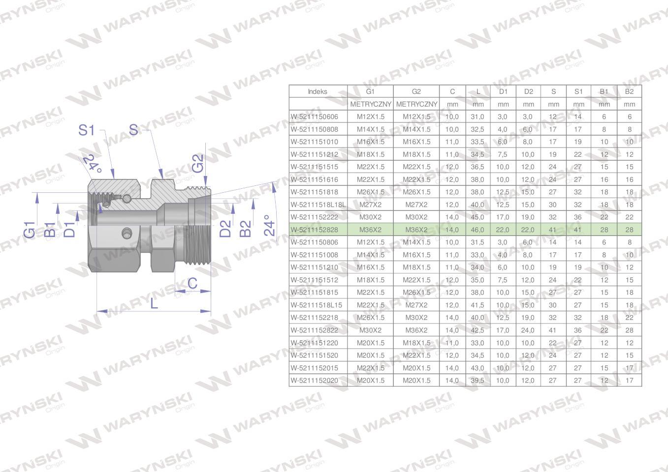 Złączka hydrauliczna metryczna ab xkor a-m36x2 28l b-m36x2 28l waryński - zdjęcie 4