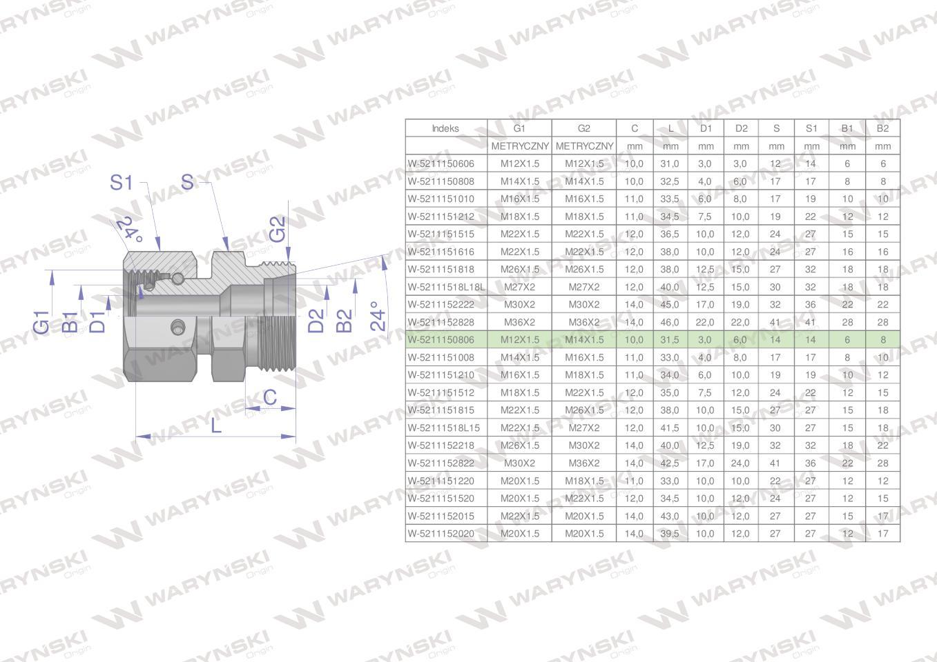 Złączka hydrauliczna metryczna ab xkor a-m12x1.5 06l b-m14x1.5 08l waryński 2szt - zdjęcie 4