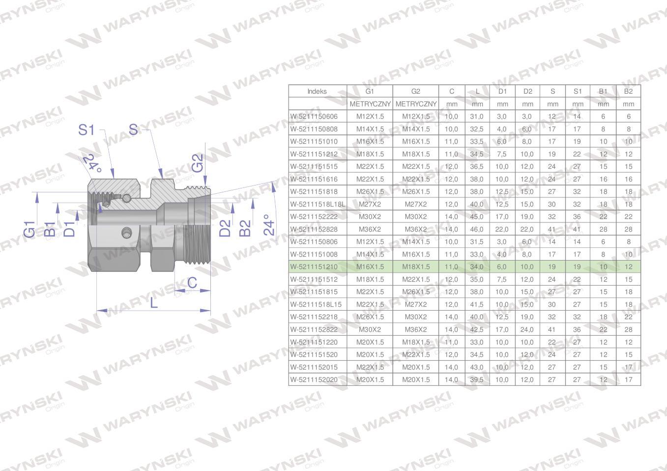 Złączka hydrauliczna metryczna ab xkor a-m16x1.5 10l b-m18x1.5 12l waryński 5szt - zdjęcie 4