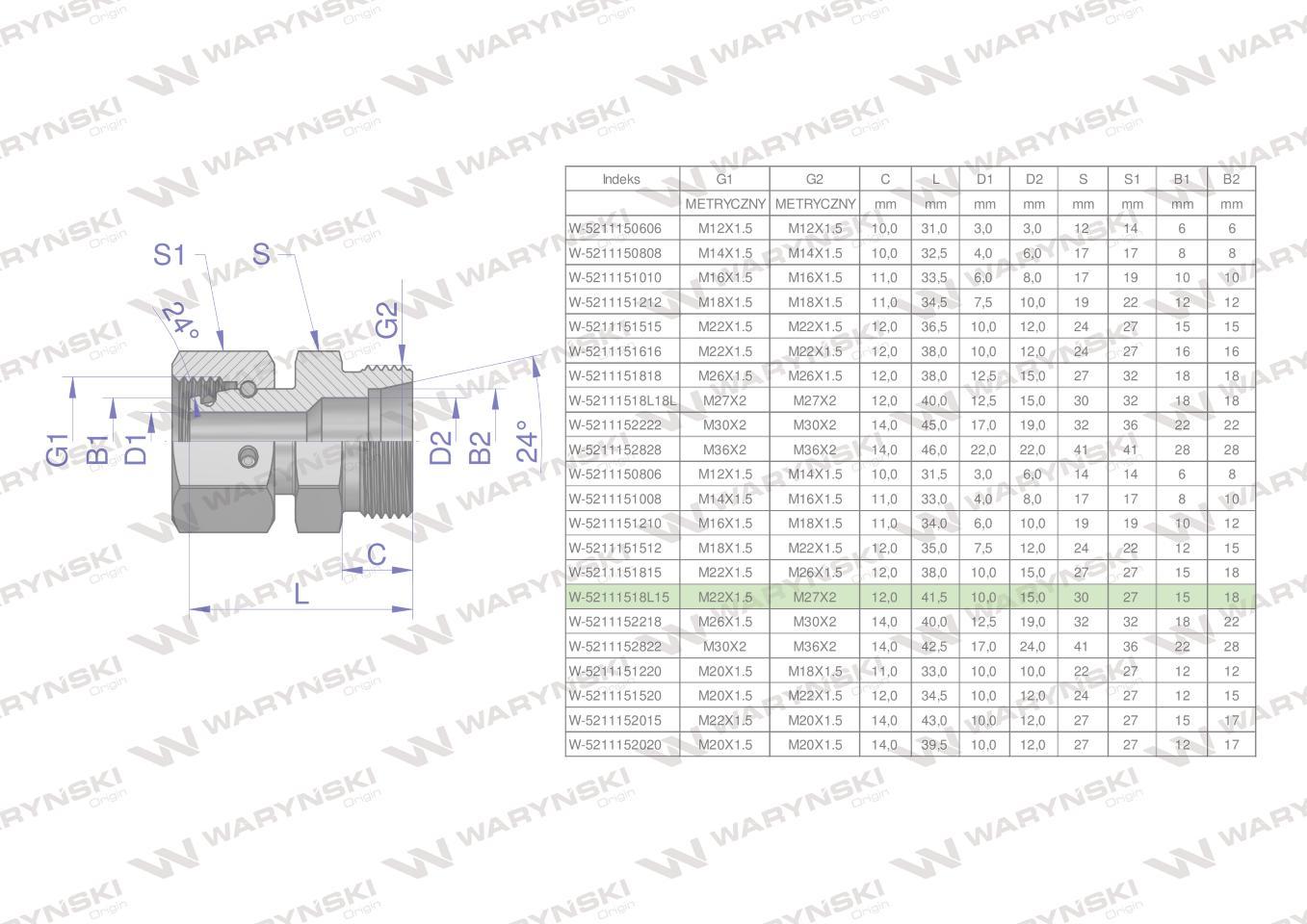 Złączka hydrauliczna metryczna ab xkor a-m22x1.5 15l b-m27x2 18l waryński 2szt - zdjęcie 4