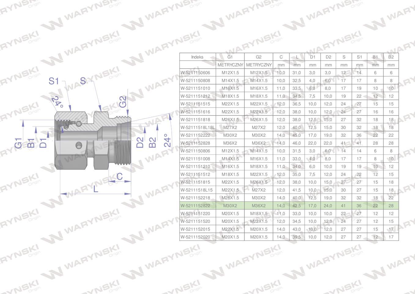Złączka hydrauliczna metryczna ab xkor a-m30x2 22l b-m36x2 28l waryński - zdjęcie 4