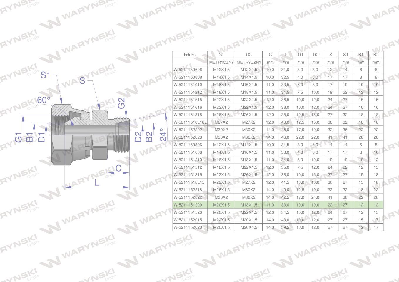 Złączka hydrauliczna metryczna ab xkor a-m20x1.5 60 stopni b-m18x1.5 12l waryński 2szt - zdjęcie 4