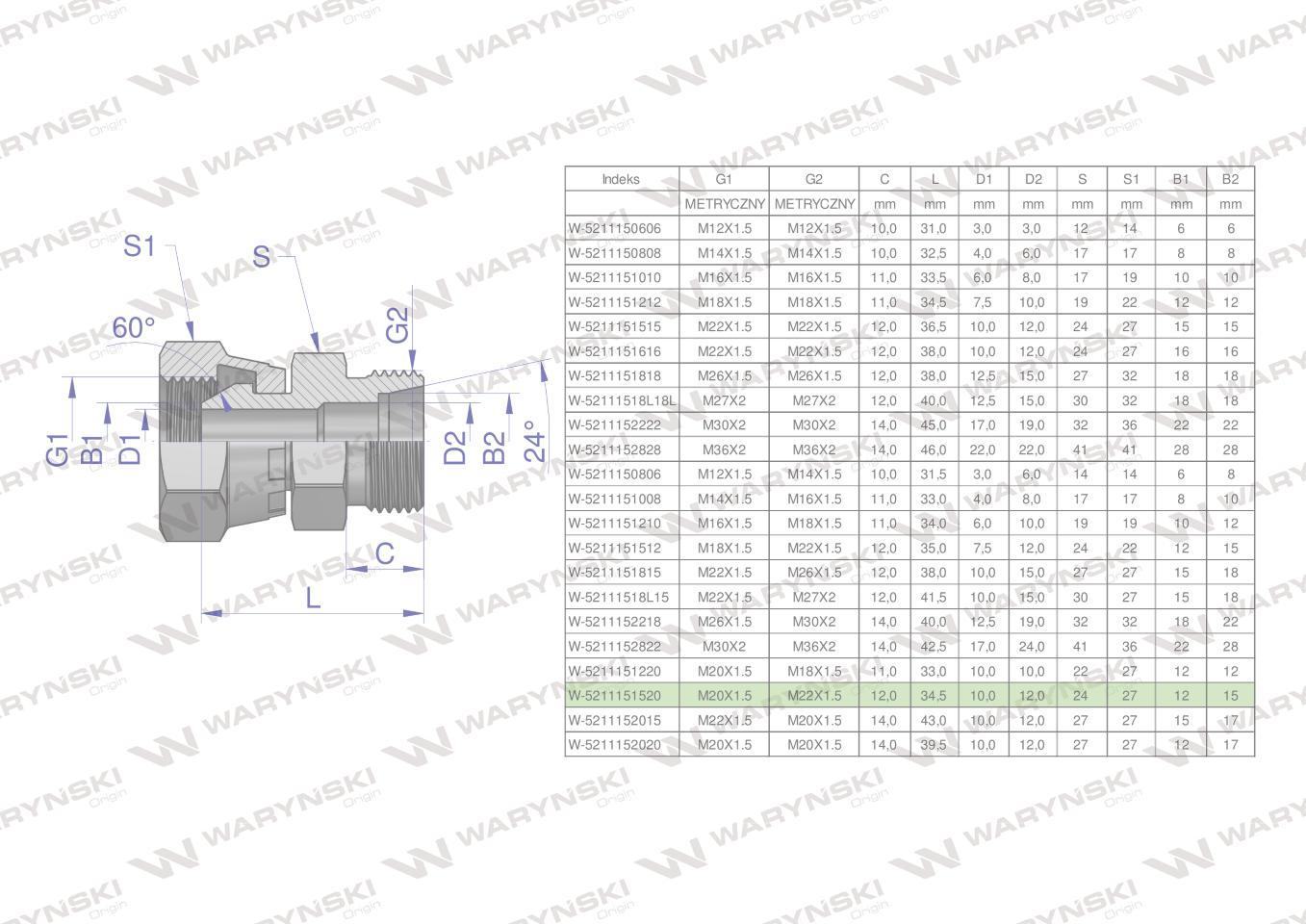 Złączka hydrauliczna metryczna ab xkor a-m20x1.5 60 stopni b-m22x1.5 15l waryński 2szt - zdjęcie 4