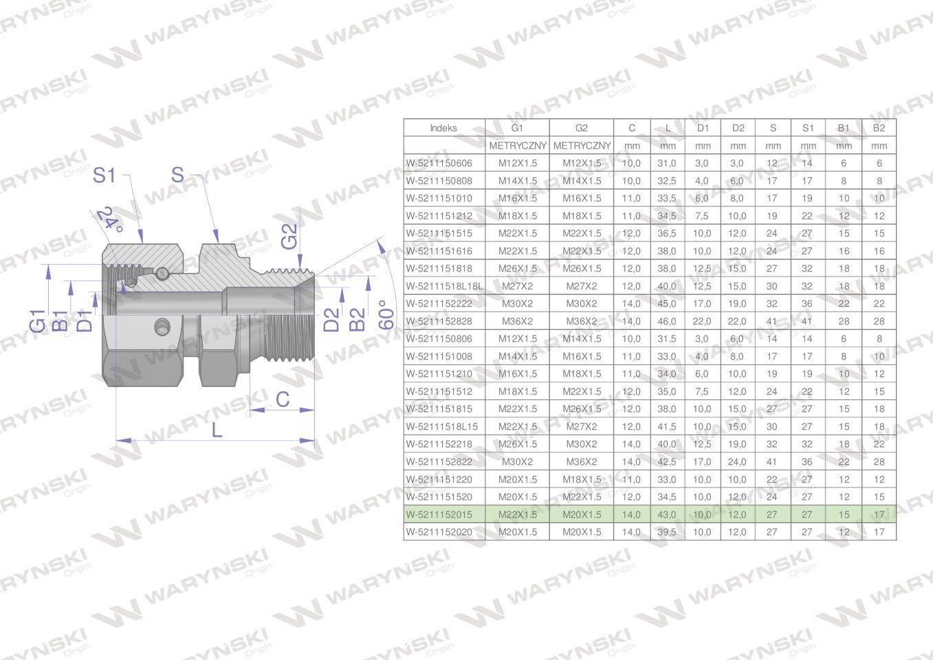 Złączka hydrauliczna metryczna ab xkor a-m22x1.5 15l b-m20x1.5 60 stopni waryński 2szt - zdjęcie 4