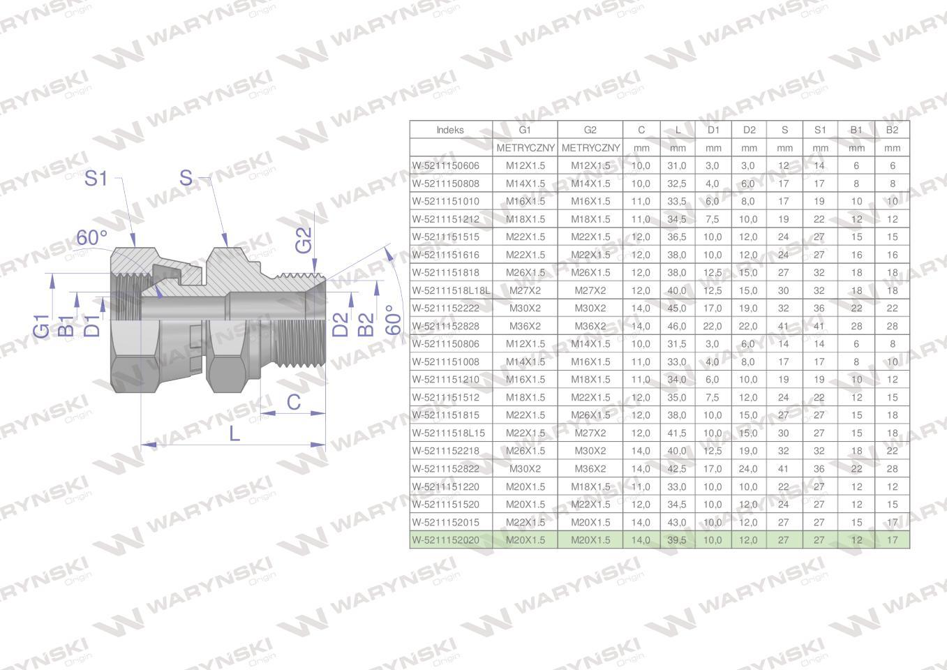 Złączka hydrauliczna metryczna ab xkor a-m20x1.5 60 stopni b-m20x1.5 60 stopni waryński 2szt - zdjęcie 4