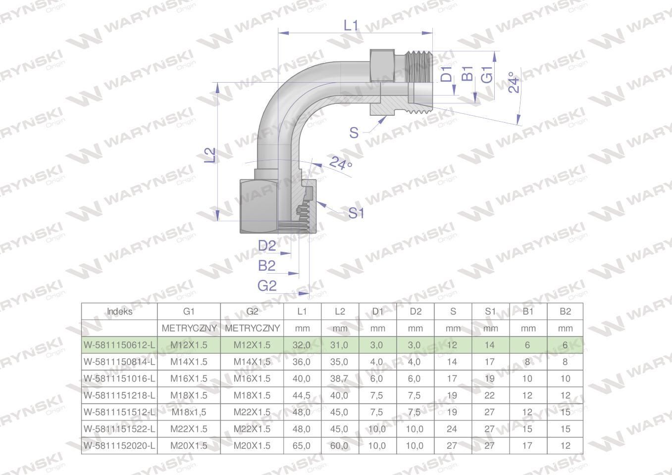 Kolanko hydrauliczne metryczne łukowe ab m12x1.5 06l xevw waryński 2szt - zdjęcie 4
