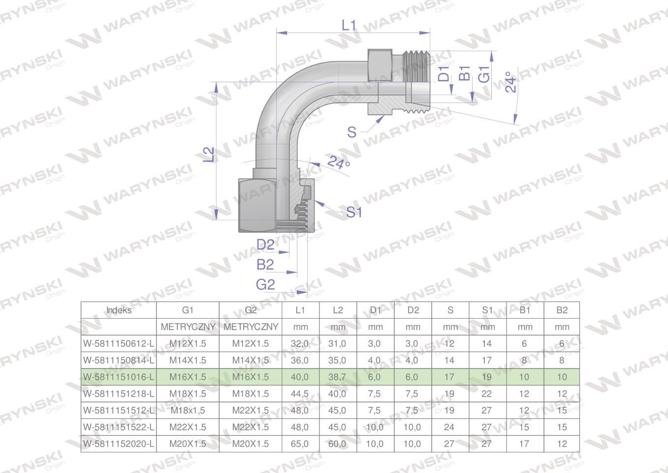 Kolanko hydrauliczne metryczne łukowe ab m16x1.5 10l xevw waryński 5szt - zdjęcie 4