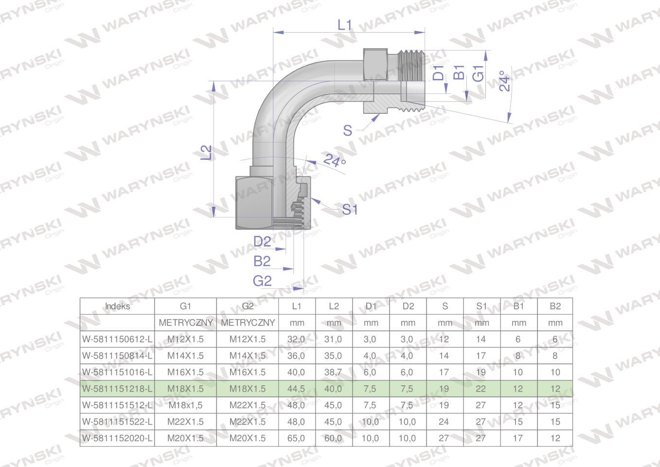 Kolanko hydrauliczne metryczne łukowe ab m18x1.5 12l xevw waryński 10szt - zdjęcie 4