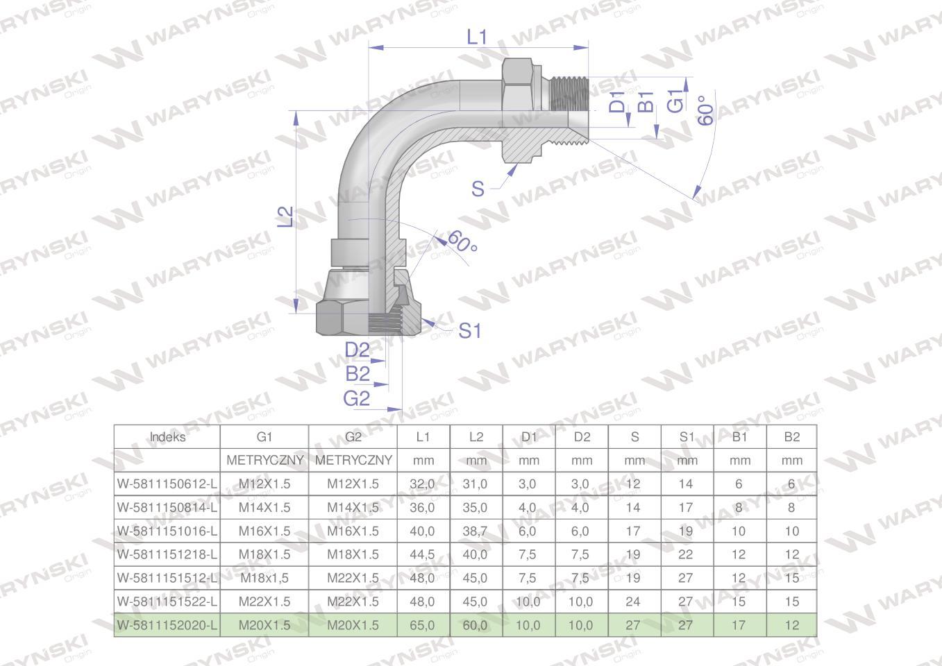 Kolanko hydrauliczne metryczne łukowe ab m20x1.5 60 stopni xevw waryński 10szt - zdjęcie 4