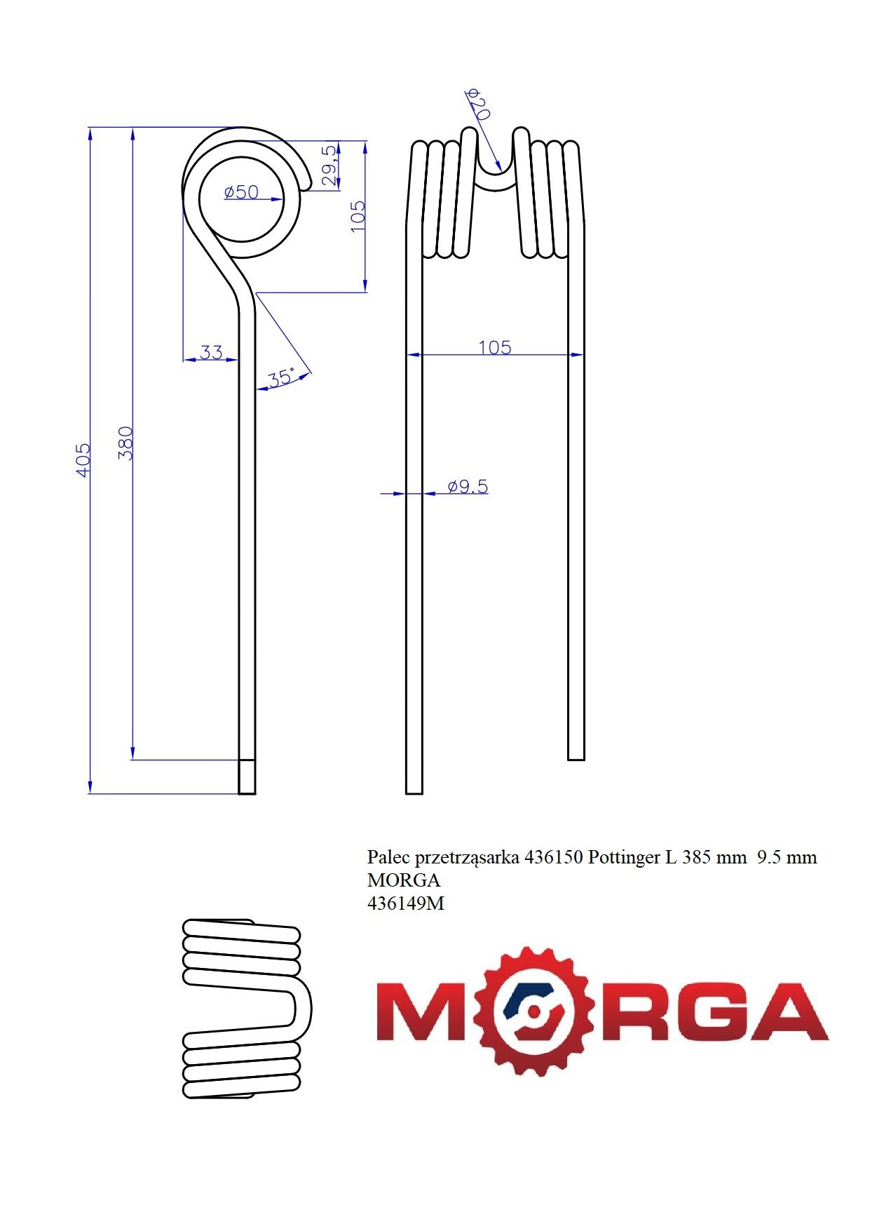 Palec Przetrząsarka 436150 Pottinger L 380 Mm 9.5 Mm Malowane Proszkowo - zdjęcie 4