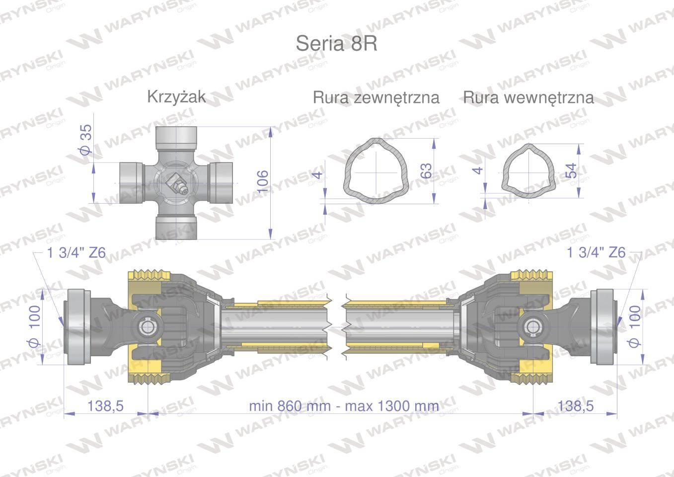 Wał przegubowo-teleskopowy 860-1300mm 1240nm z6 1 3/4 z dwóch stron ce 2020 seria 8r waryński - zdjęcie 3