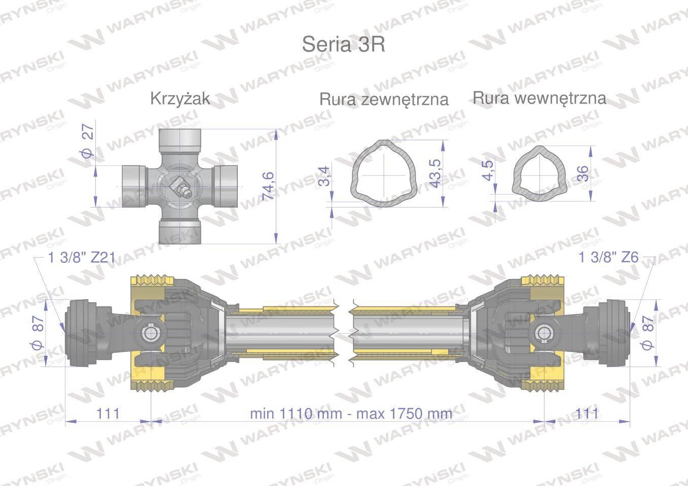 Wał przegubowo-teleskopowy 1110-1750mm 460nm widłak z21 ce 2020 seria 3r waryński - zdjęcie 3