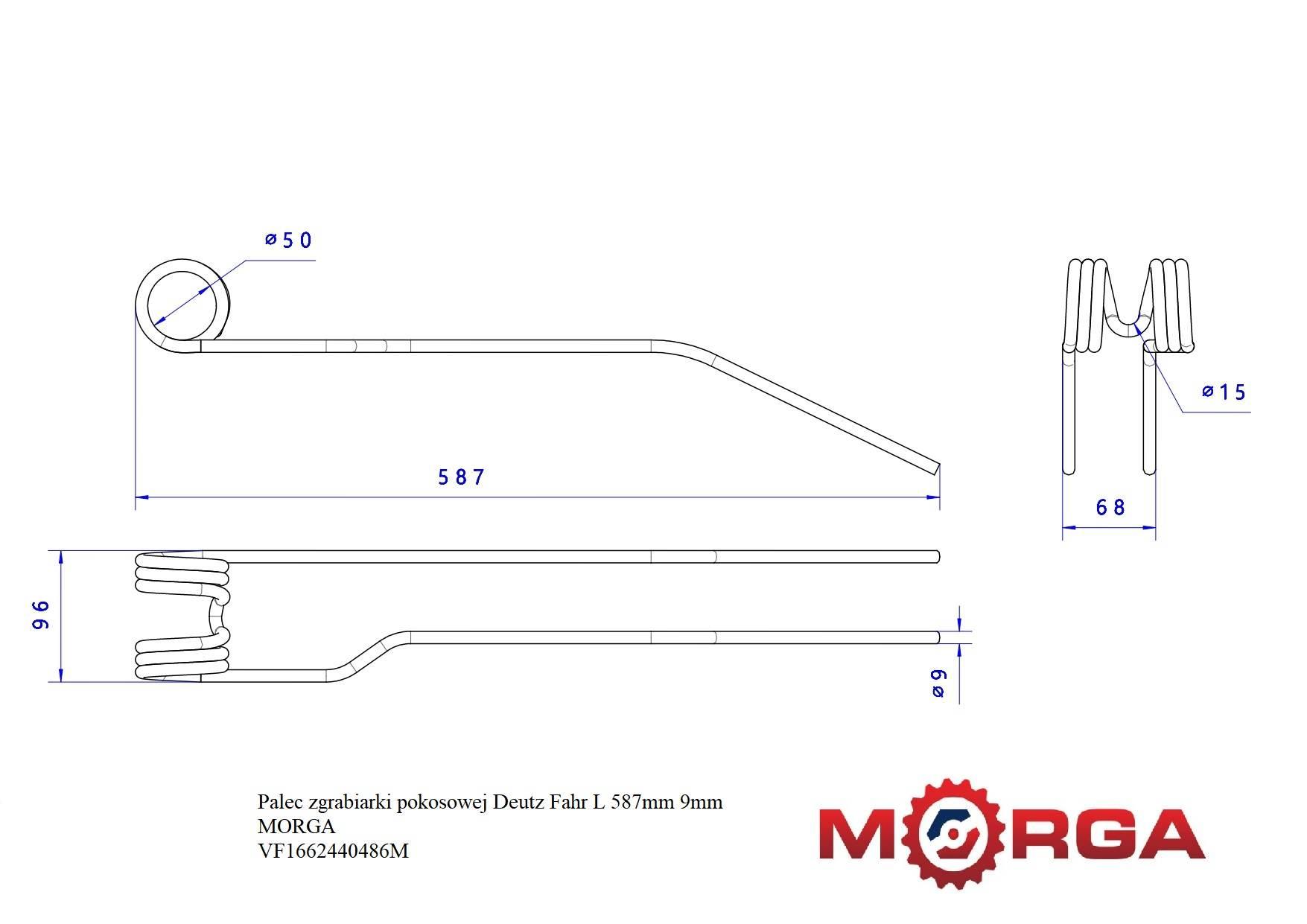 Palec Zgrabiarki Pokosowej Deutz Fahr L 587mm 9mm Malowane Proszkowo Morga - zdjęcie 5