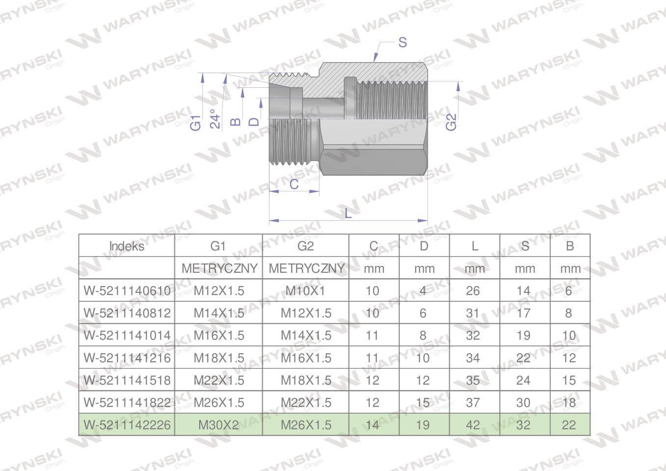 Tulejka różnicowa hydrauliczna metryczna ab 30x2 22l gzxm26x1.5 gw waryński