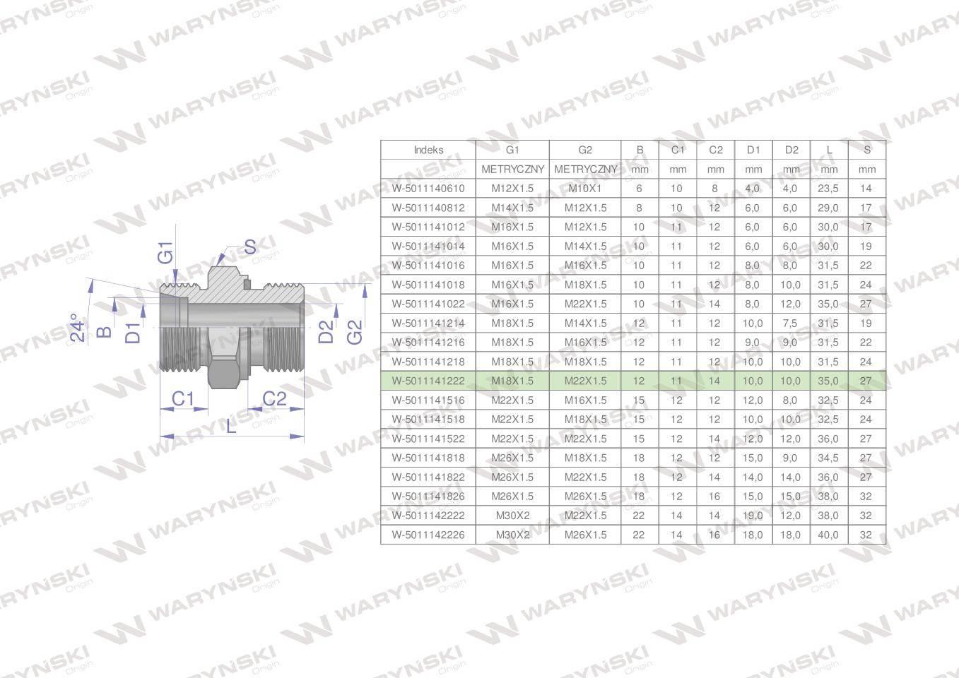 Przyłączka hydrauliczna metryczna bb xge m18x1.5 12lxm22x1.5 ed waryński 10